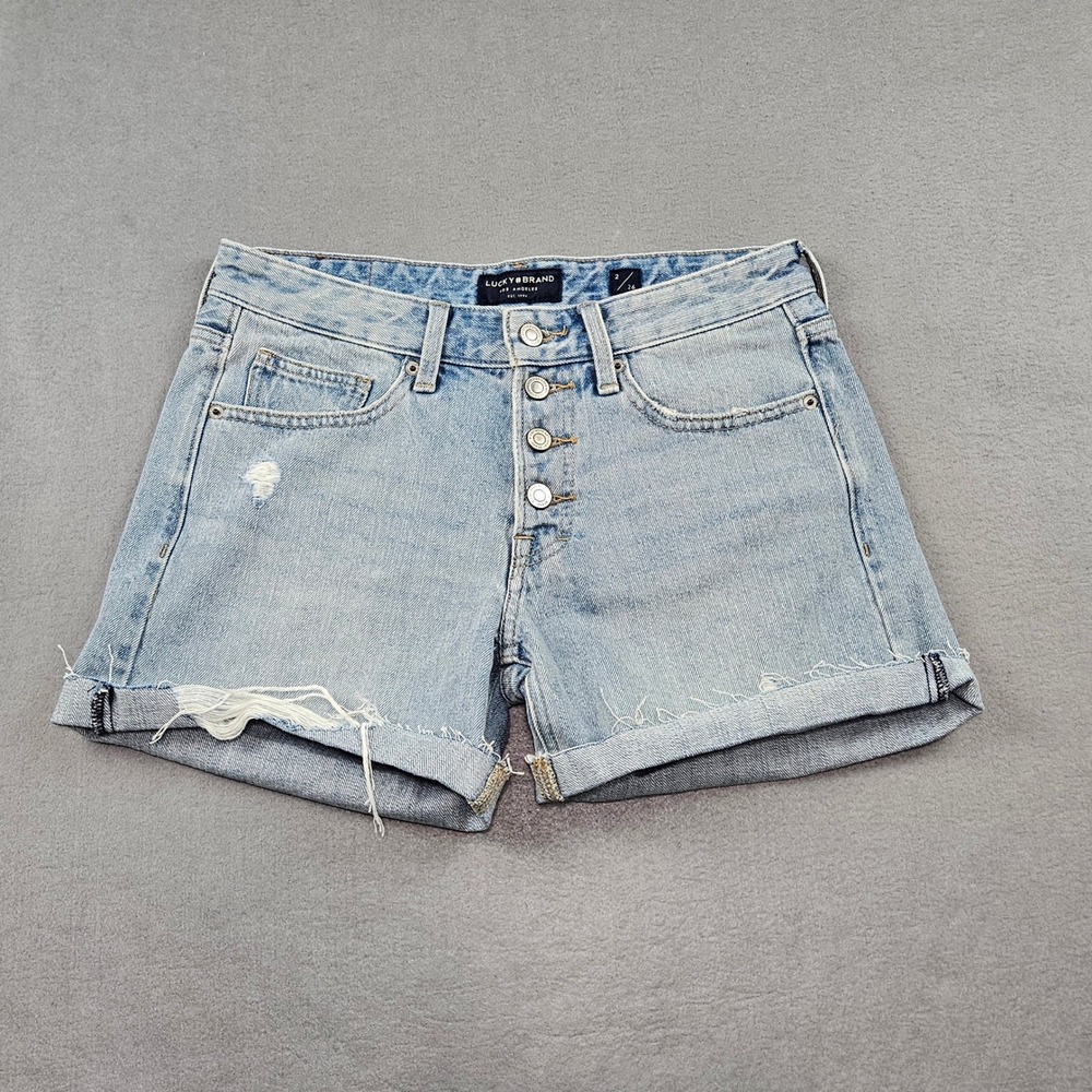 Lucky Brand Womens Sz 26 Boyfriend Short Light Wash Distressed Button Fly Denim